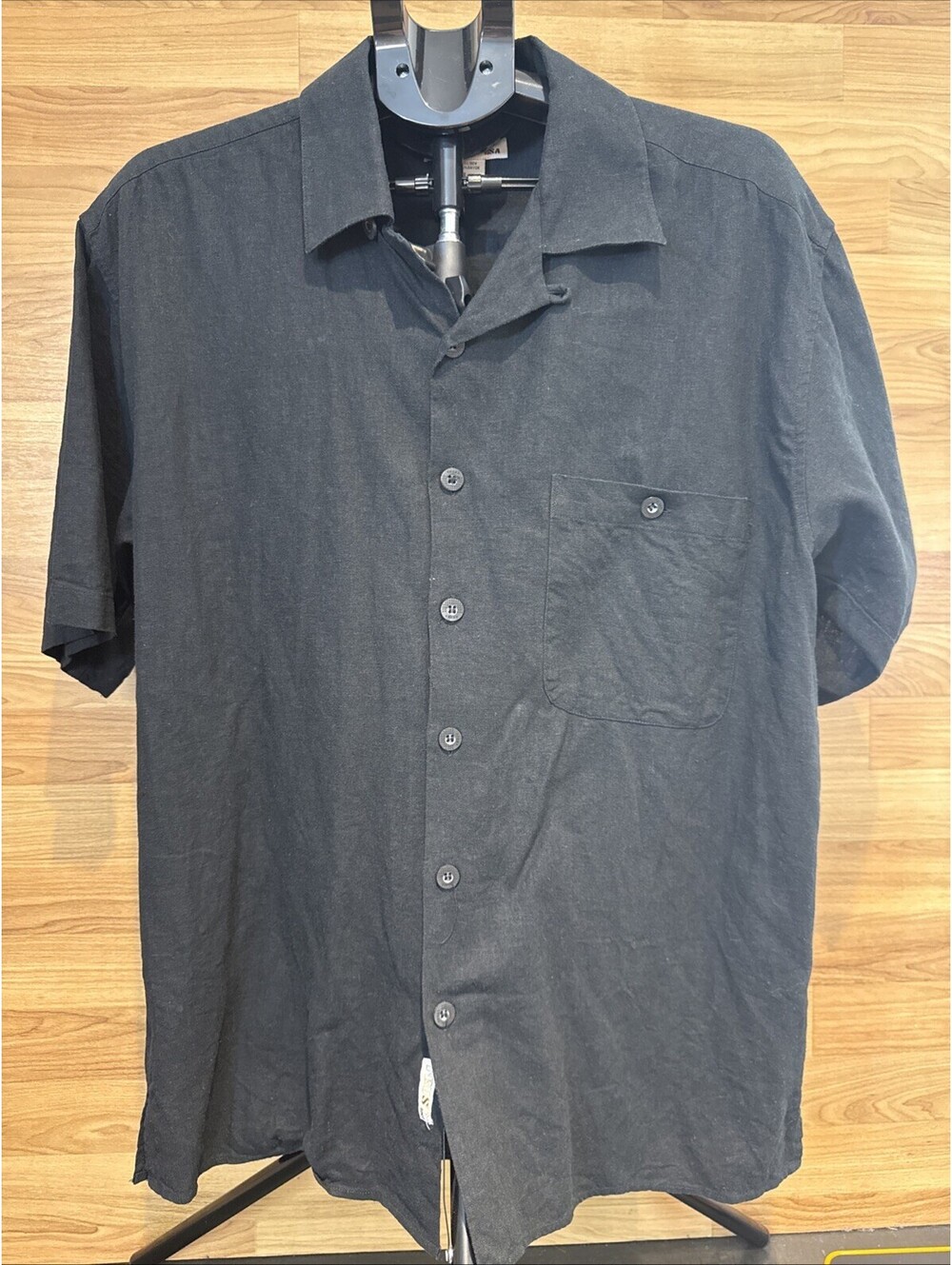 Trust USA Linen Blend Shirt Mens L Button Up Short Sleeve Casual Beach Black